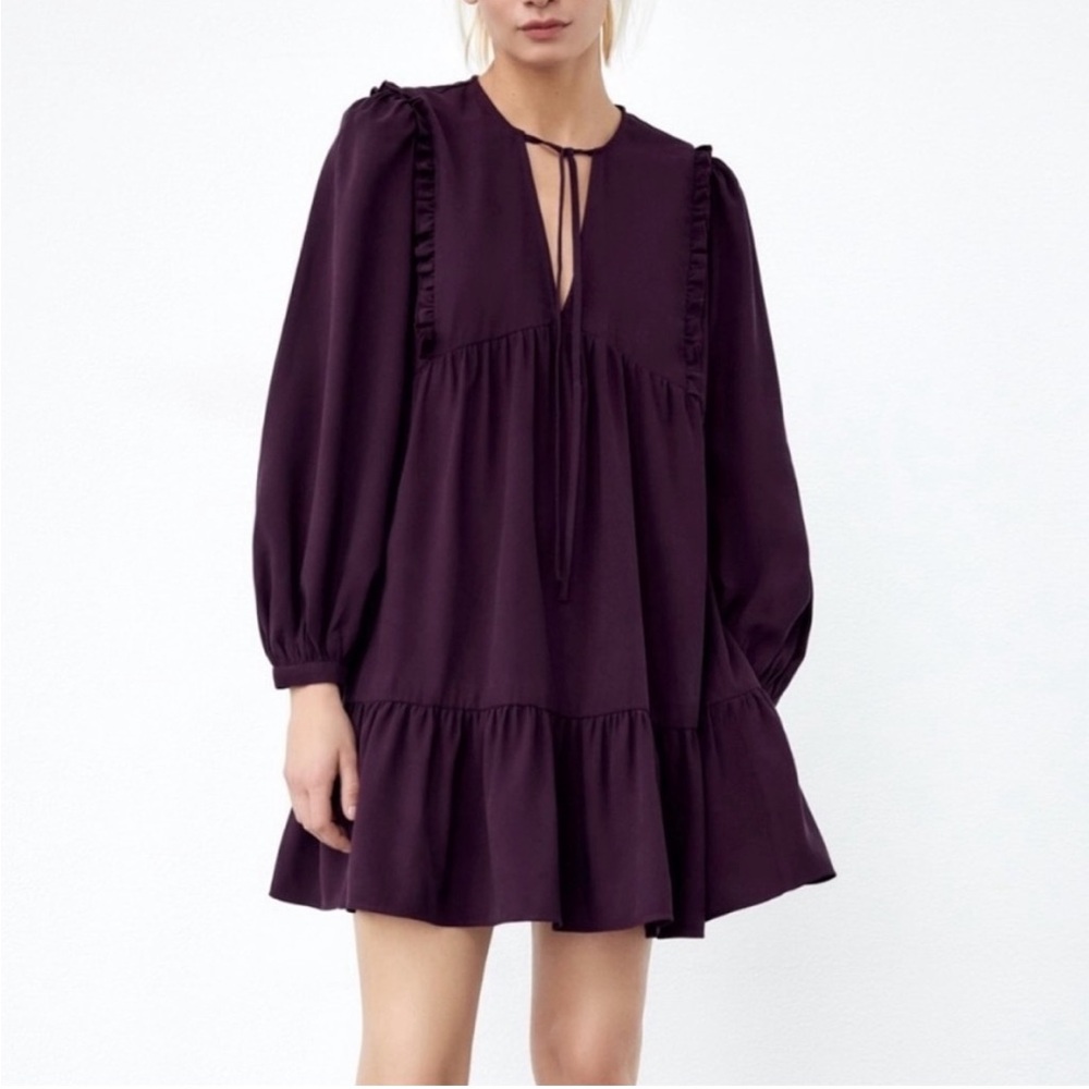 Zara Purple Baby Doll Mini Dress Size XS Balloon Sleeves Tiered
